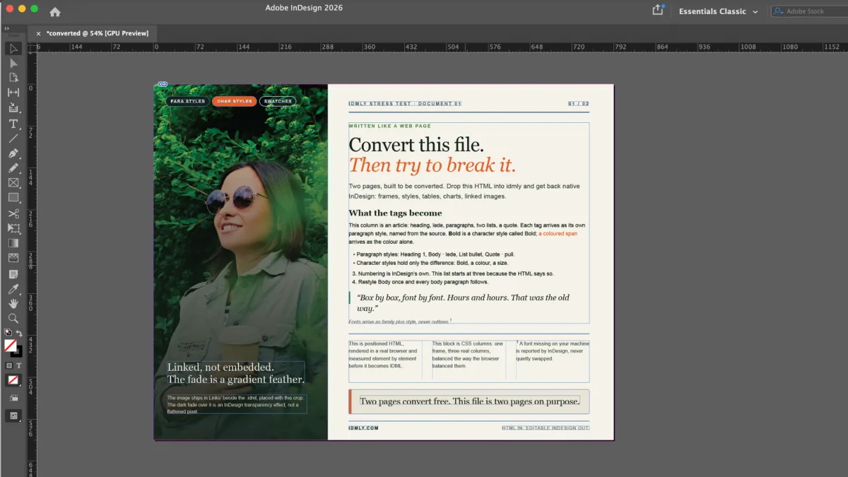 The same editorial page in InDesign, showing editable text frames, columns and a linked photograph