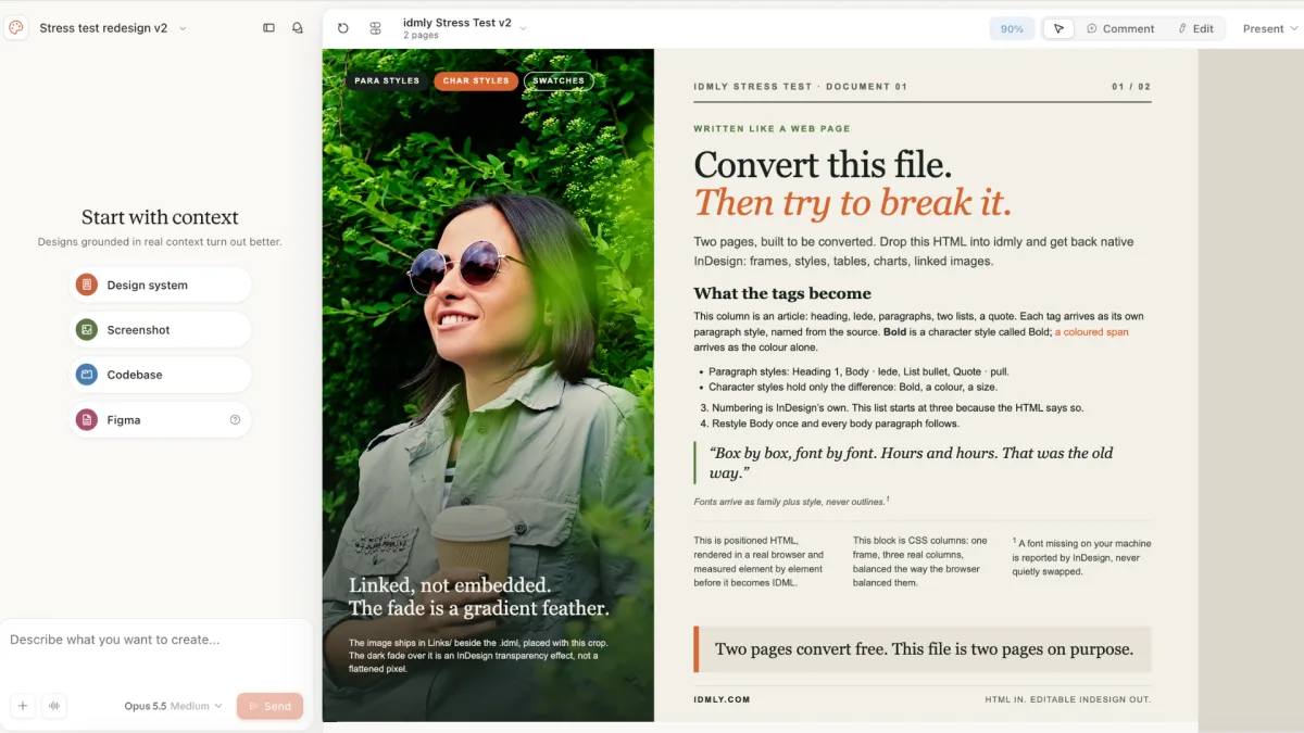Stress Test V2 editorial page in Claude, with a photograph, styled text and columns